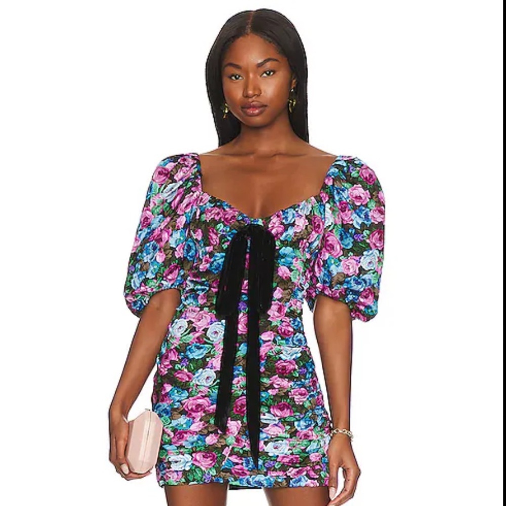 🍋For Love And Lemons🍋Marley Mini Dress Floral Print Puffy Shoulders Dress
